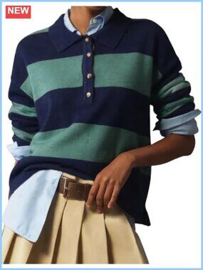Rugby Polo Sweater Women Striped Collared Pullover V-Neck Knit Top